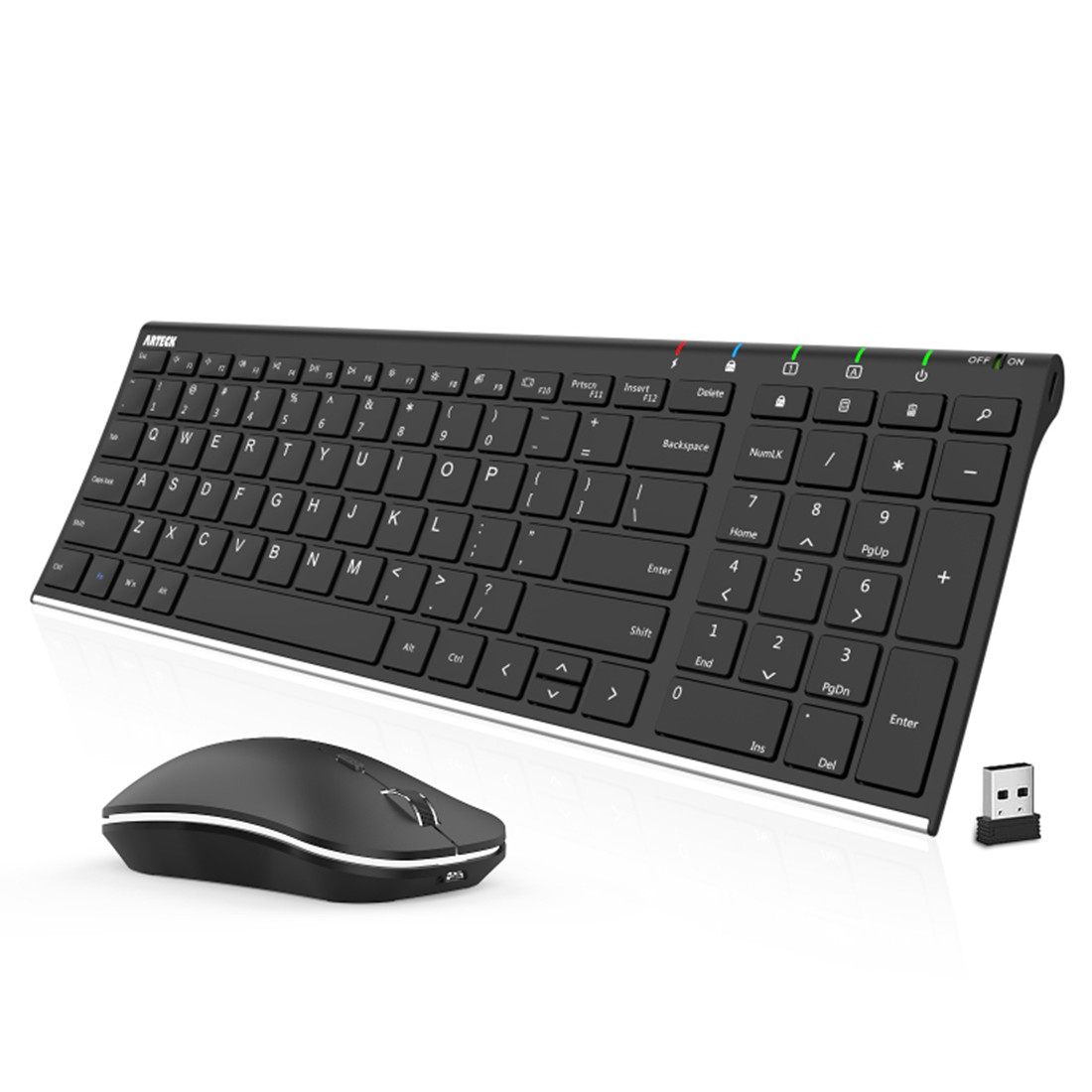 Arteck HW193MW162 2.4G Wireless Keyboard and Mouse Combo HW193MW162 Stainless Ultra Slim Full Size Keyboard and Ergonomic Mouse for Computer Desktop PC Laptop and Windows 11/10/8/7 Build in Rechargeable Battery